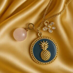 Enamel Pineapple Charm Necklace w/ Rose Quartz & Sparkle Butterfly Pendant, Gold